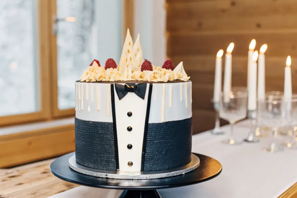 A tuxedo cake decorated with white chocolate curls, edible gold flakes, and fresh raspberries