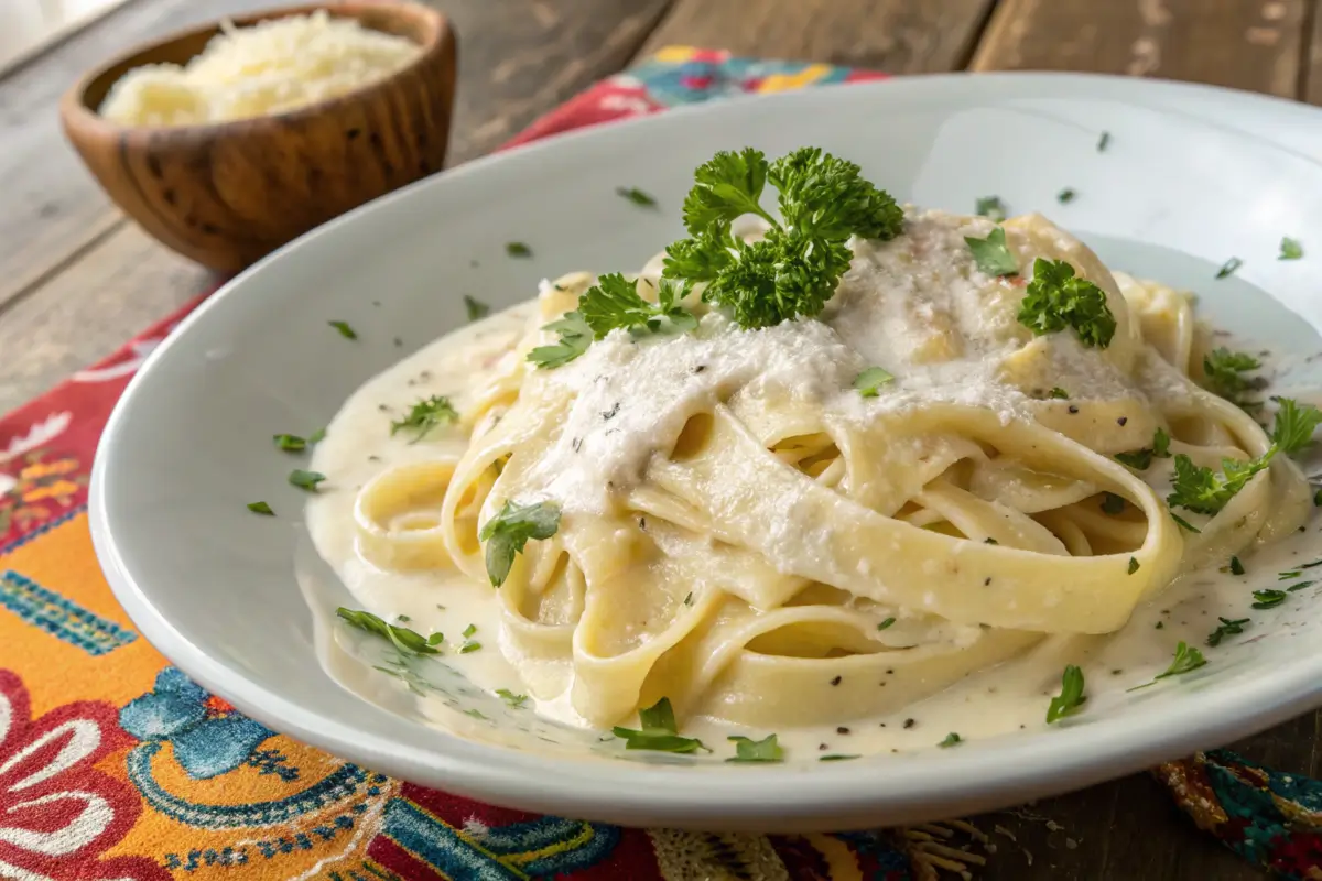 Fettuccine Alfredo with creamy white sauce and parsley.