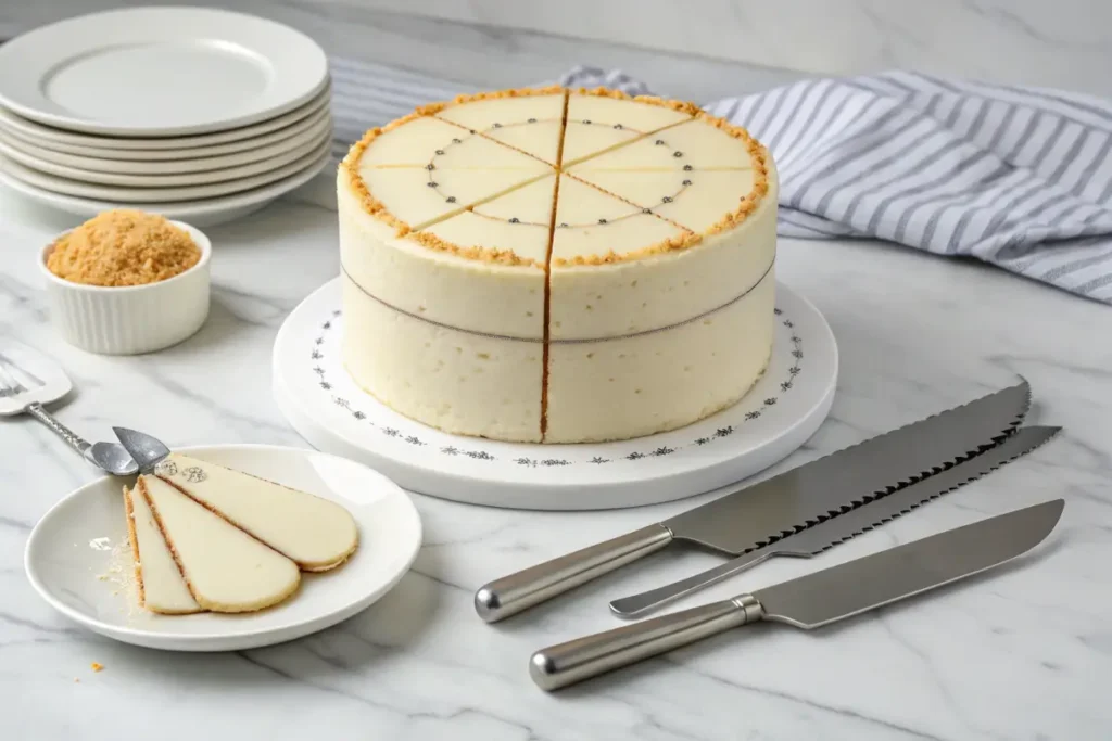 Cake cutting chart with an 8-inch round cake and tools