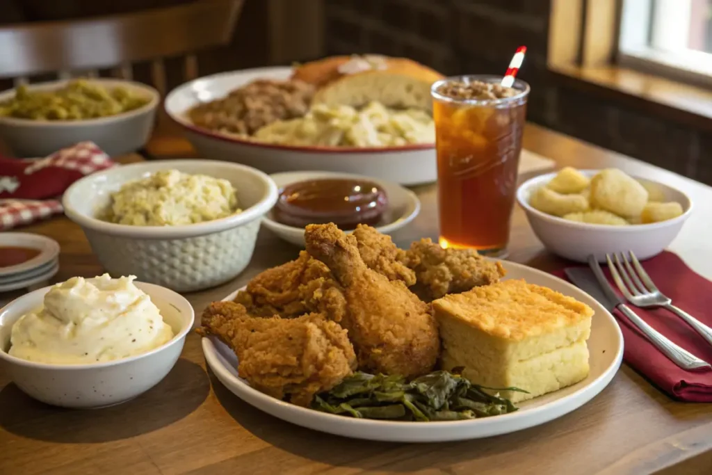 Southern-style fried chicken dinner with classic sides