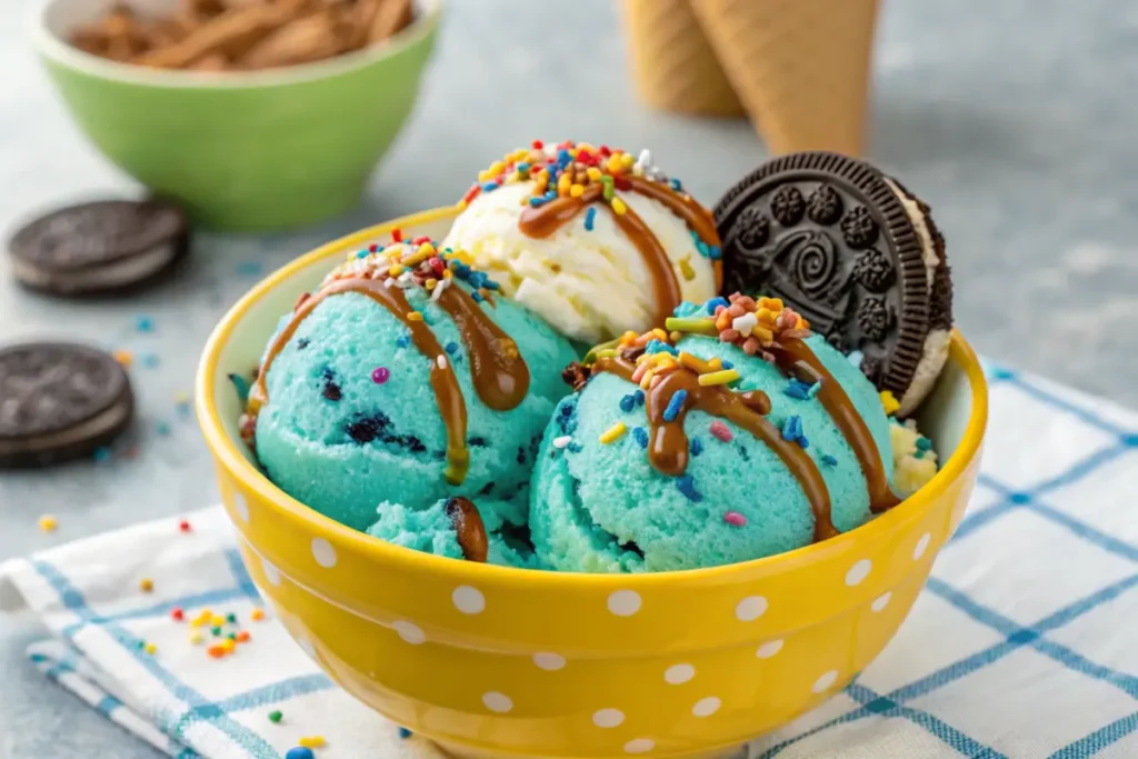 Cookie Monster Ice Cream served with toppings for Instagram