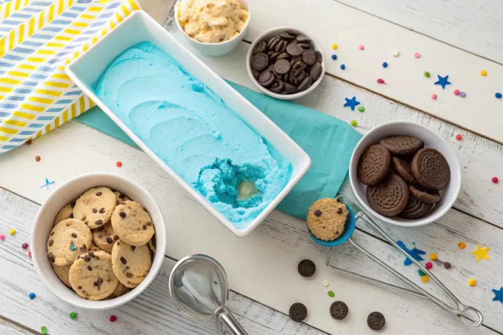 DIY Cookie Monster ice cream setup with mix-ins and scooper