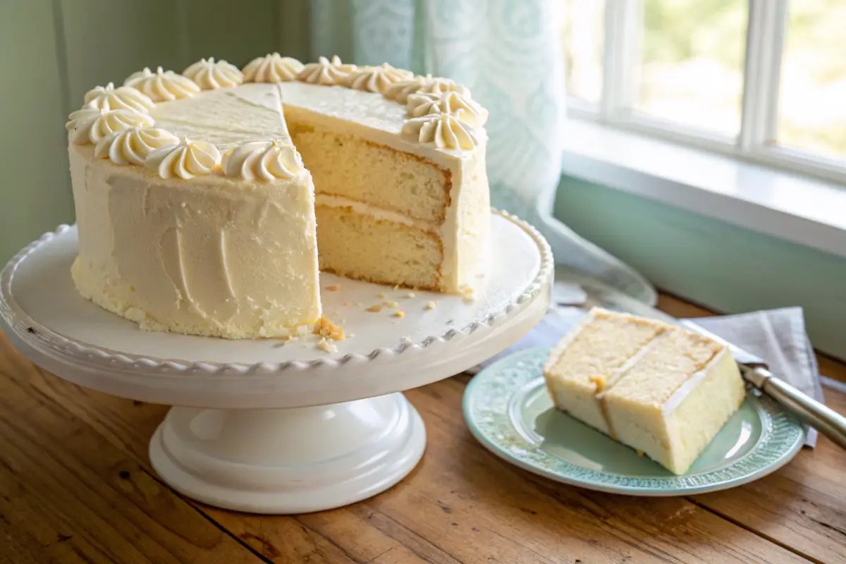 Freshly baked 8-inch vanilla cake with a slice cut out