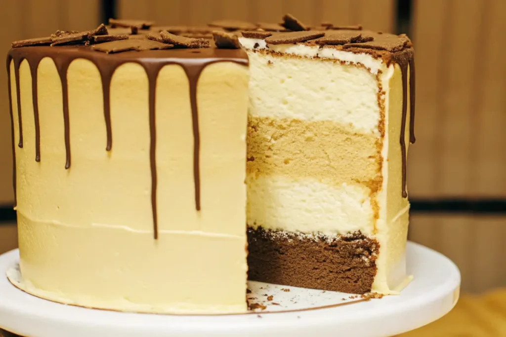 A tuxedo cake decorated with white chocolate curls, edible gold flakes, and fresh raspberries