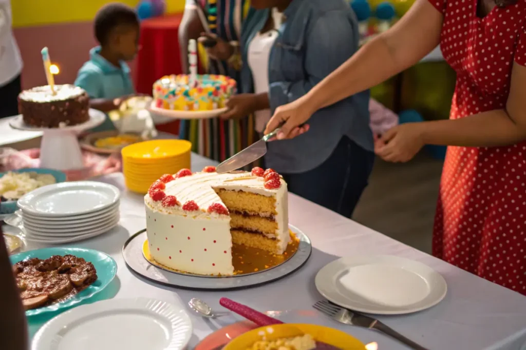 Guests serving slices from an 8-inch cake at a party