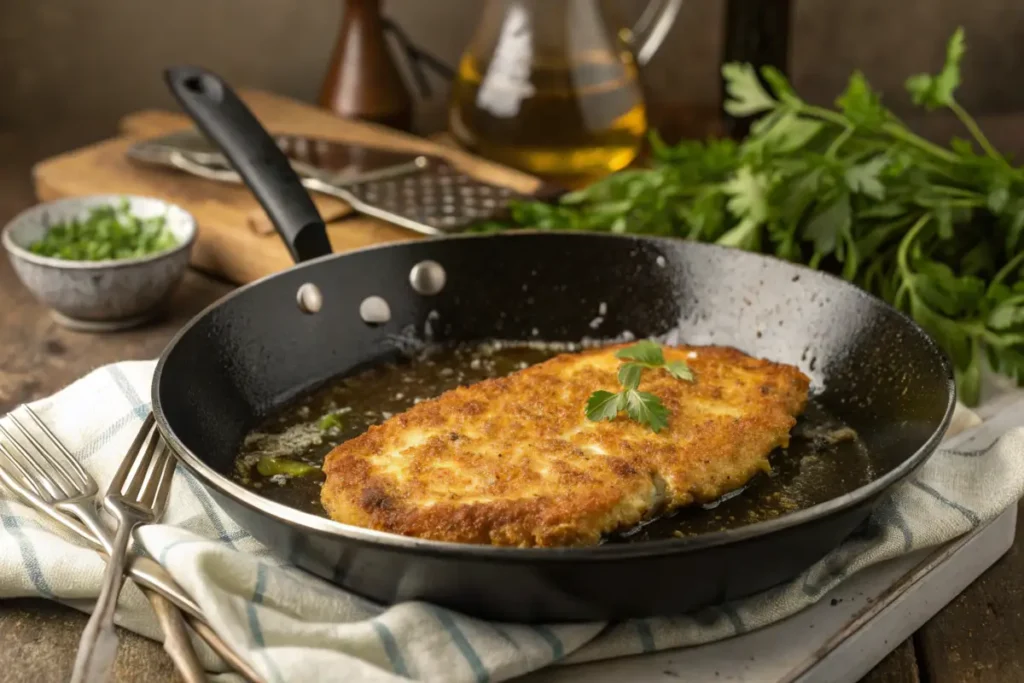 Milanesa steak frying in a pan with oil