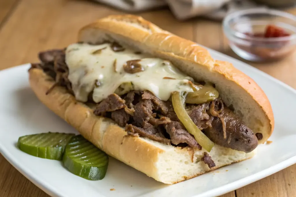 Philly cheesesteak sandwich close-up