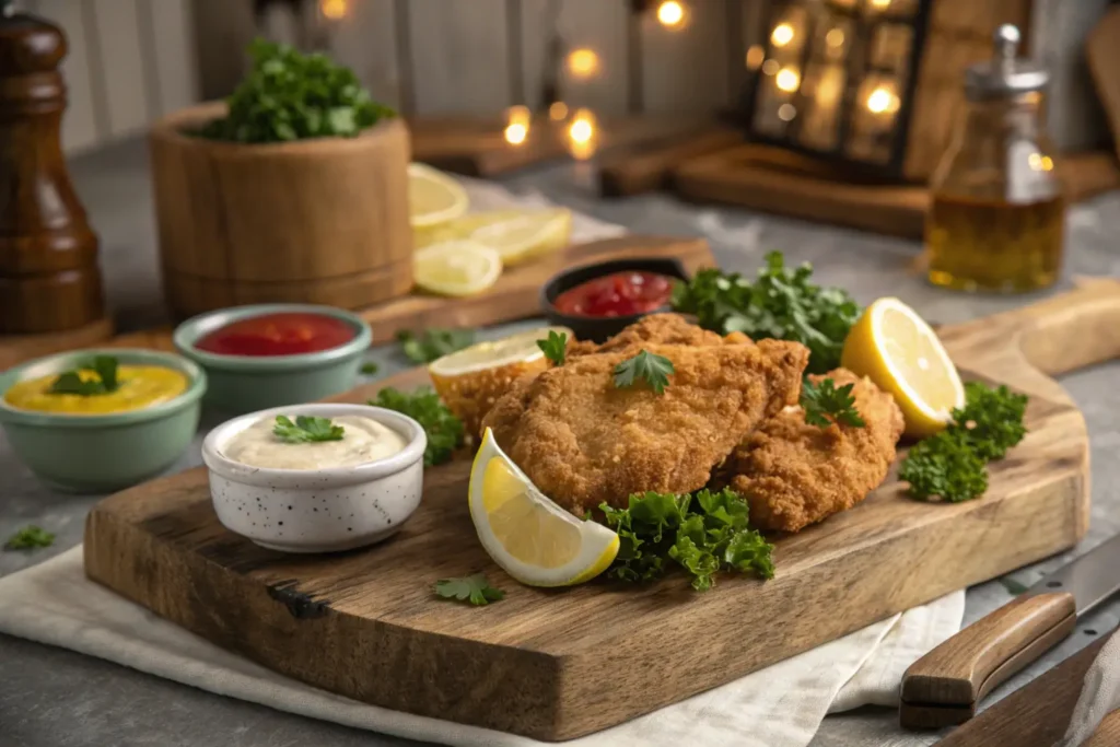 Crispy chicken fritta served with dipping sauces and garnishes