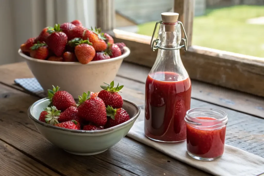 Fresh strawberries, strawberry puree, and strawberry syrup on a rustic table