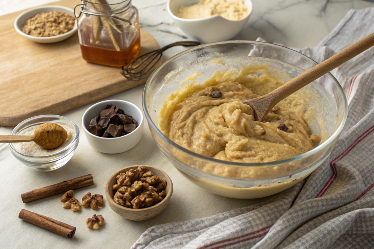 Banana bread batter in a bowl with flavor enhancers