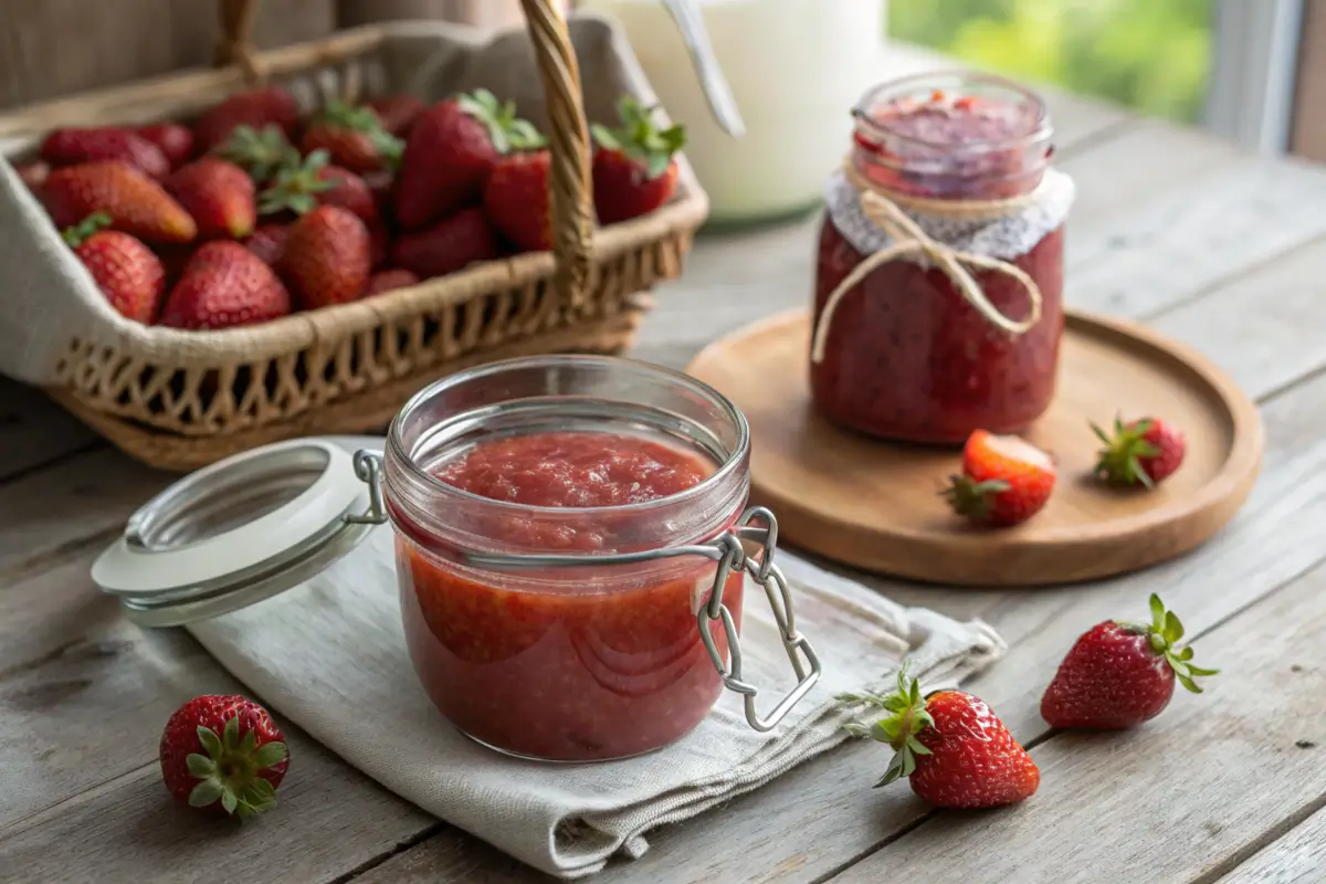 Jar of strawberry puree and strawberry jam on a wooden table