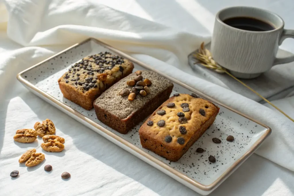 Three banana bread slices featuring different recipe variations