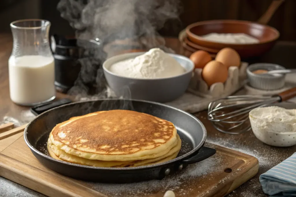 A stack of fluffy pancakes topped with butter and syrup