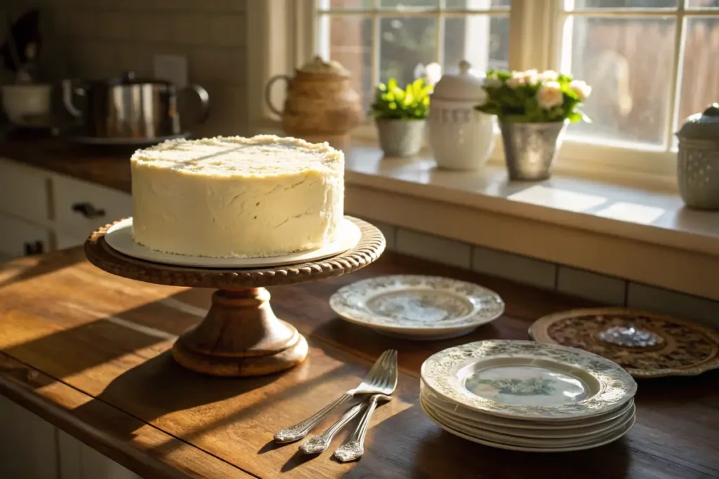 A frosted 8-inch cake on a wooden table