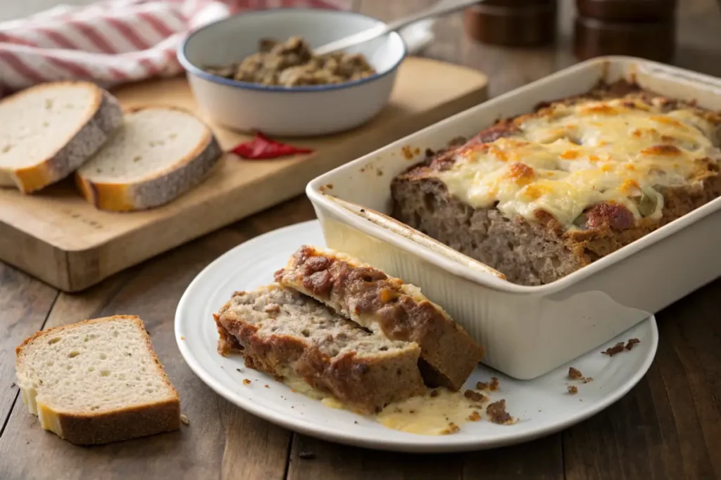 Baked Philly cheesesteak meatloaf in a pan