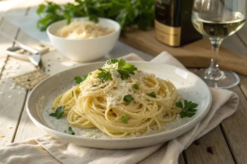 Plate of creamy Alfredo spaghetti with parmesan and parsley