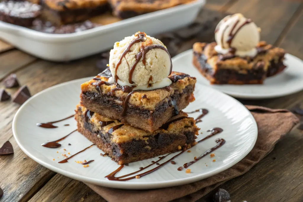 Brookie recipe showing a gooey brownie base topped with a golden cookie crust, served on a white plate