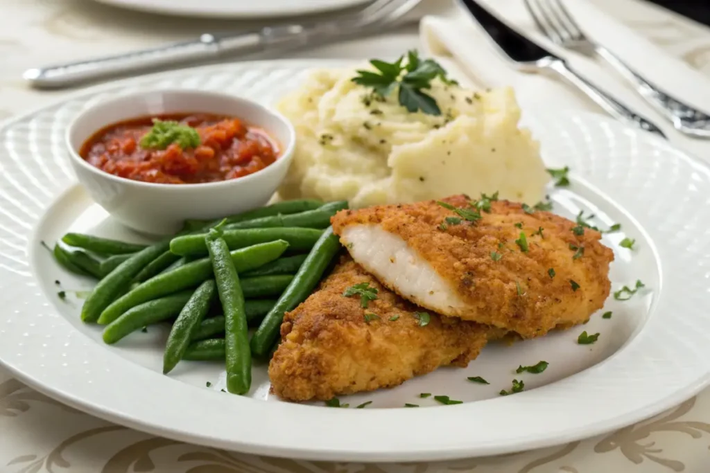 Crispy chicken fritta served with sides and marinara sauce