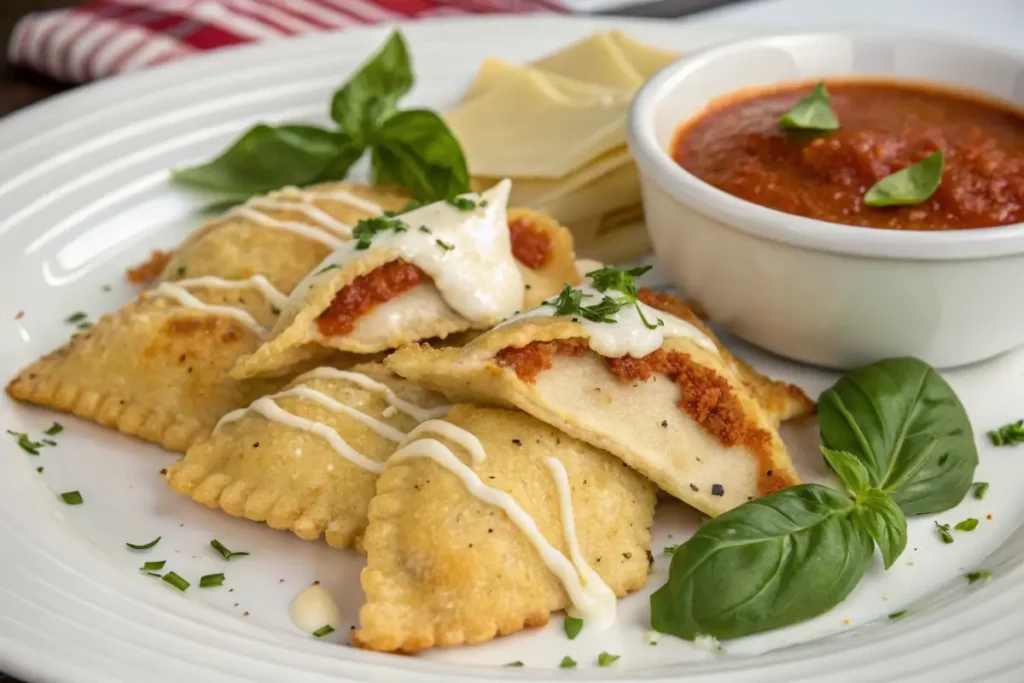 Crispy Chicken Ravioli Supremo plated with sauces