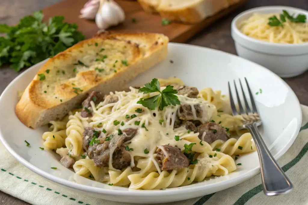 Plated Philly Cheesesteak Pasta with Garlic Bread