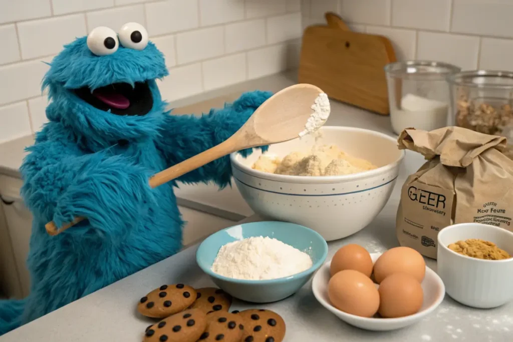 Cookie Monster in a kitchen surrounded by baking tools