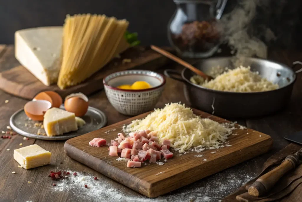 Traditional carbonara ingredients including Pecorino Romano and guanciale