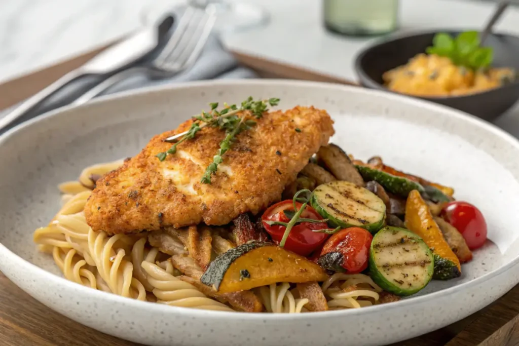 Crispy Chicken Fritta with vegetables and whole-grain pasta