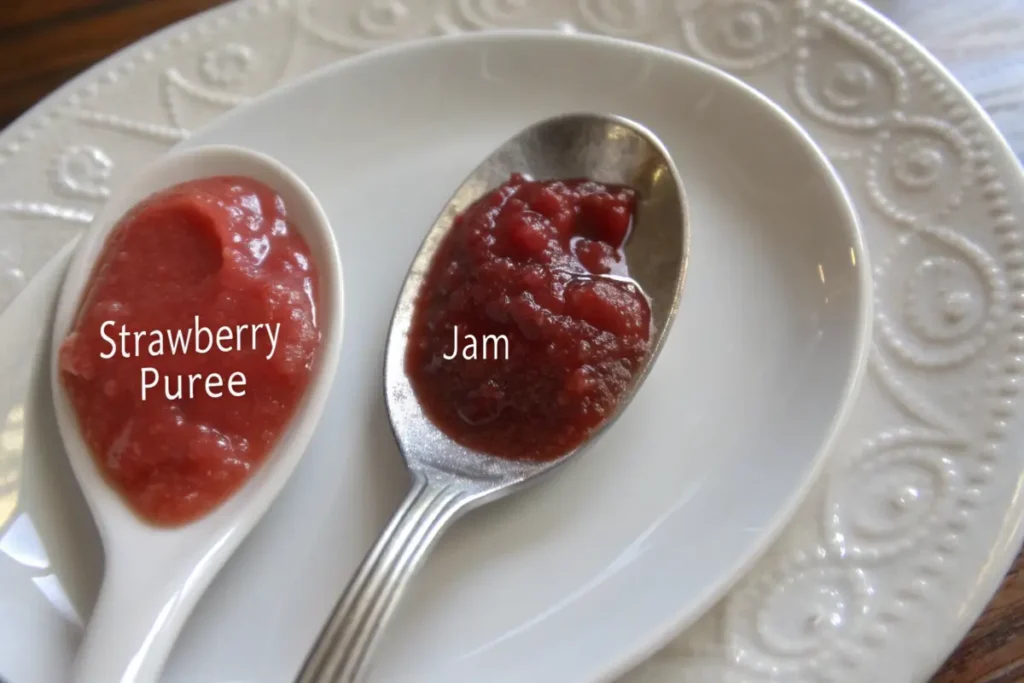 Comparison of strawberry puree and jam on spoons