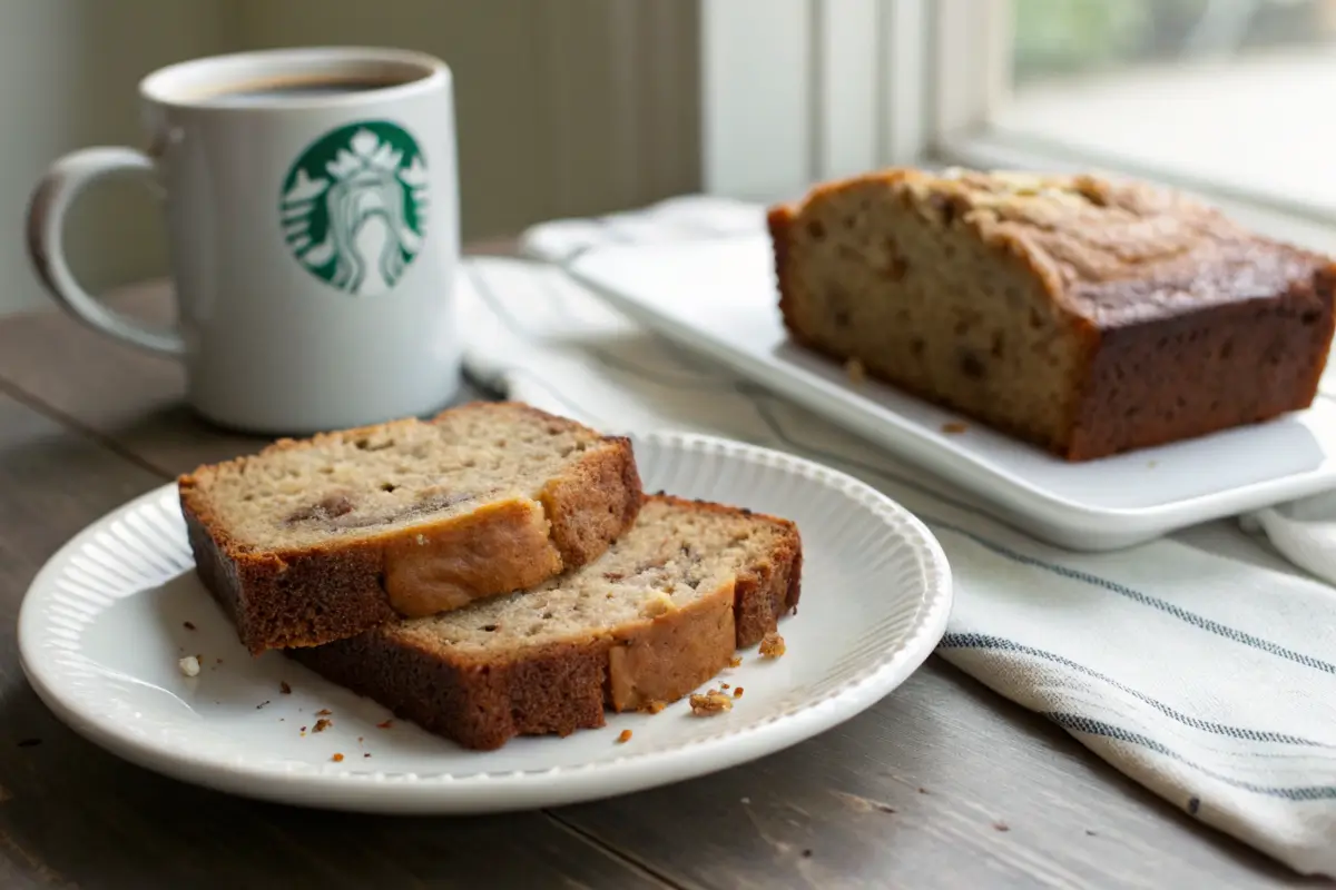 A homemade banana bread slice next to a Starbucks-style banana bread slice