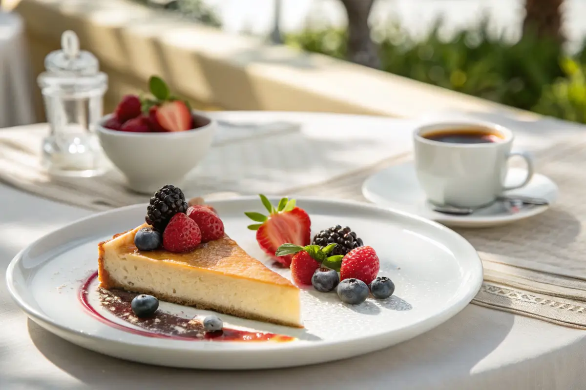 A slice of quesillo served with fresh berries and espresso