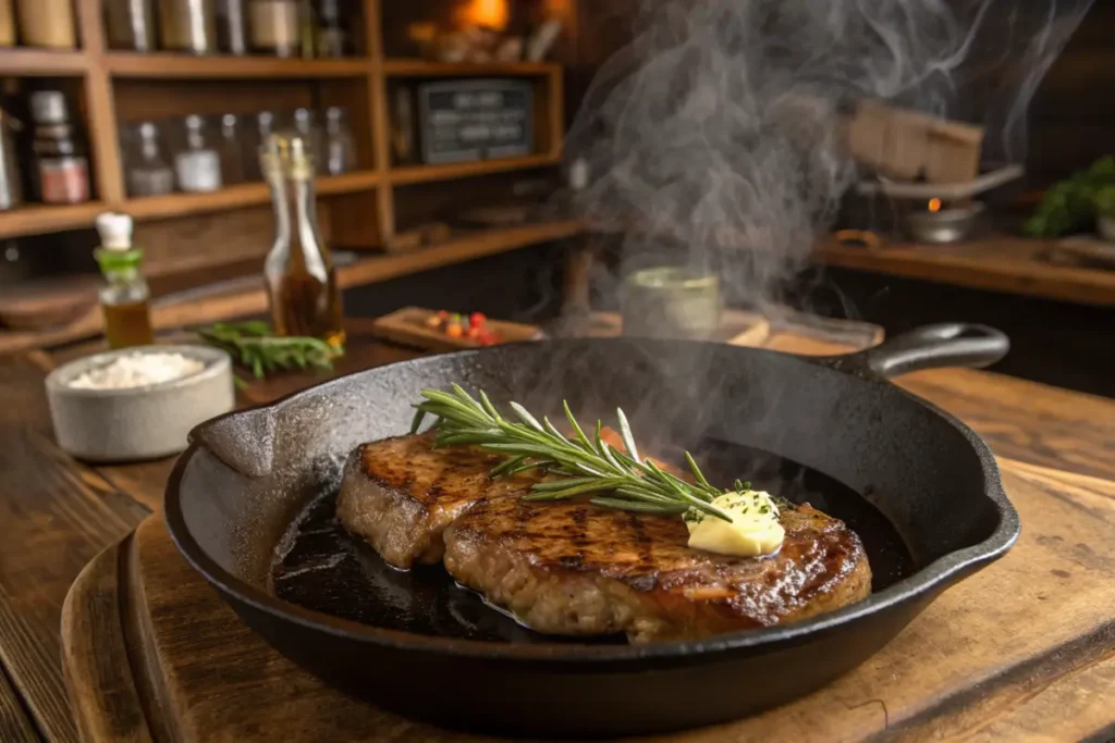 Sizzling thin steak in a cast-iron skillet with garlic butter