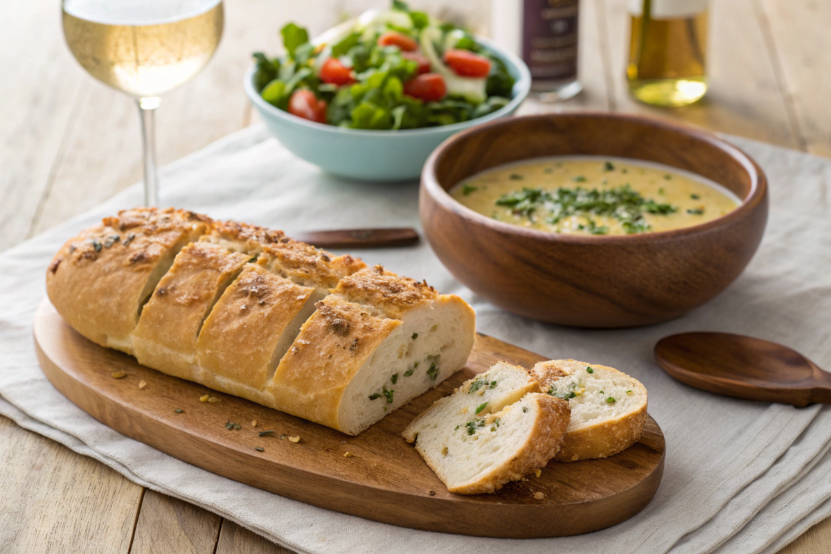 Sliced Italian Herbs and Cheese Bread served with soup, salad, and wine