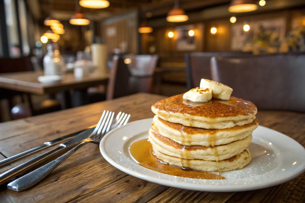 A perfectly flipped golden pancake on a pan