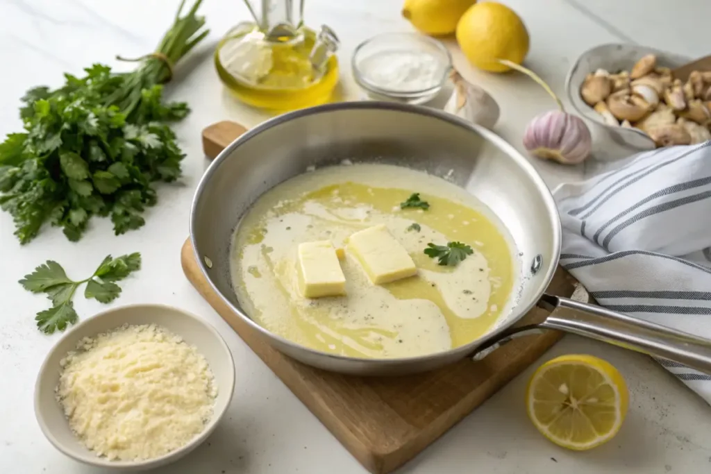 Preparing authentic Alfredo sauce with butter, cream, and Parmesan