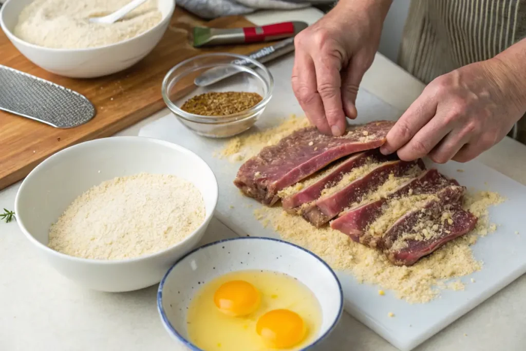 Step-by-step preparation of Milanesa steak with breading process