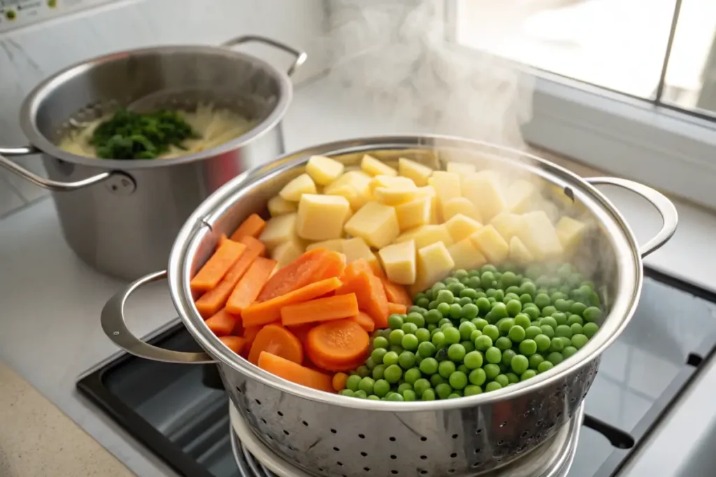 Chopped vegetables steaming in a basket over boiling water