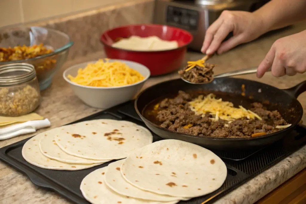 Step-by-step process of making a Beefy Melt Burrito