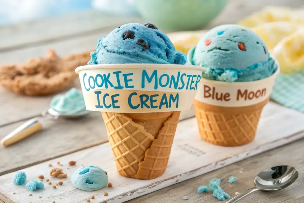 Two scoops of blue ice cream: Cookie Monster Ice Cream and Blue Moon in waffle cones