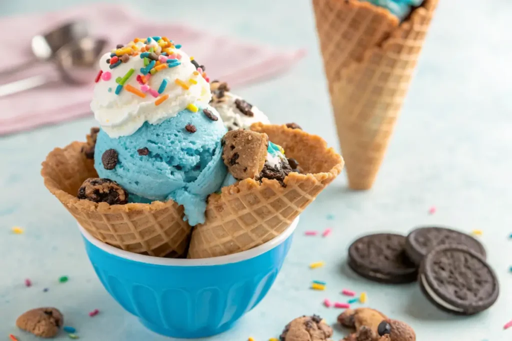 Blue Cookie Monster ice cream in a waffle cone with cookie chunks