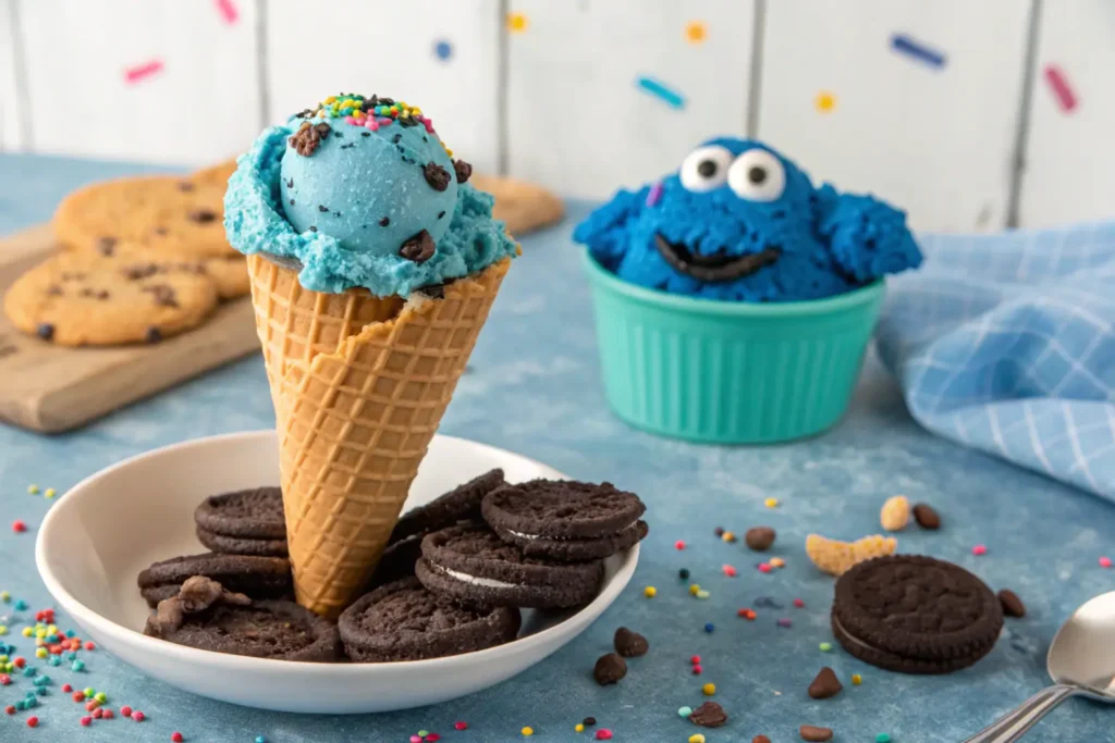 Bright blue Cookie Monster Ice Cream in a waffle cone with cookies