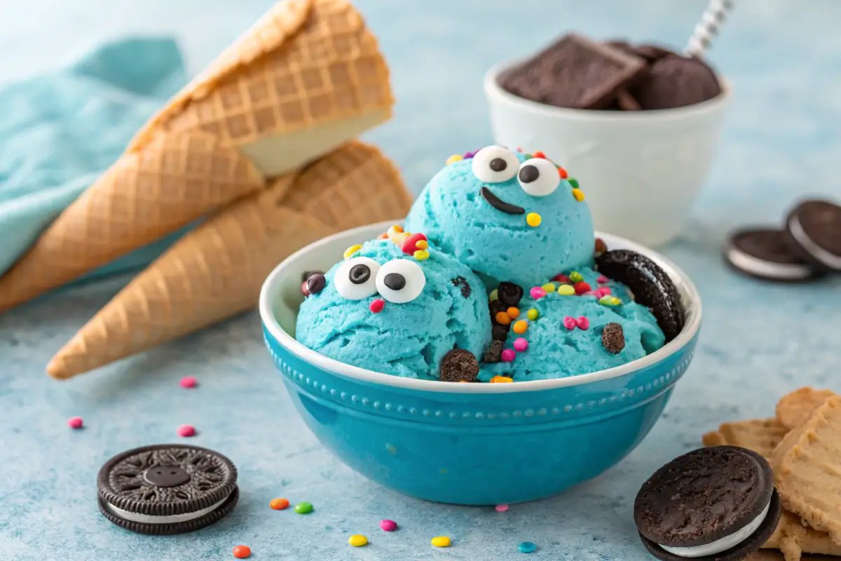 Cookie Monster ice cream in a bowl with cookies and candy eyes