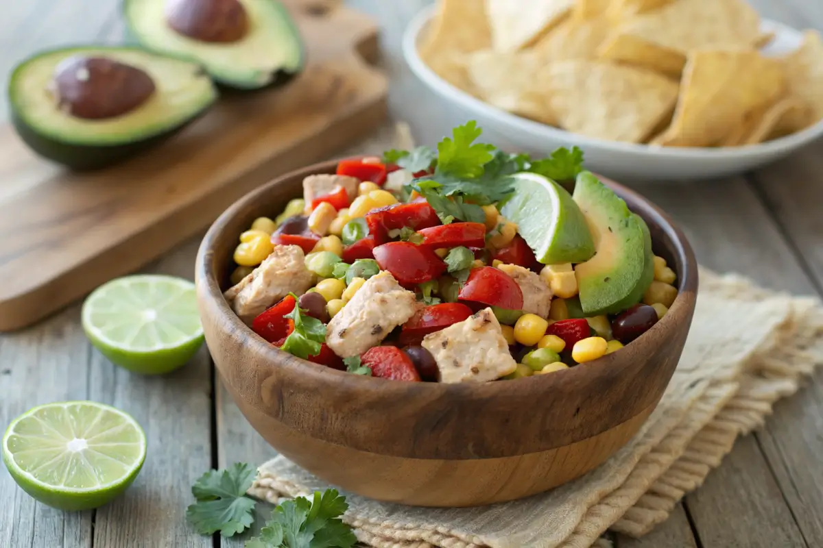 A vibrant bowl of southwest chicken salad with roasted corn, peppers, and avocado