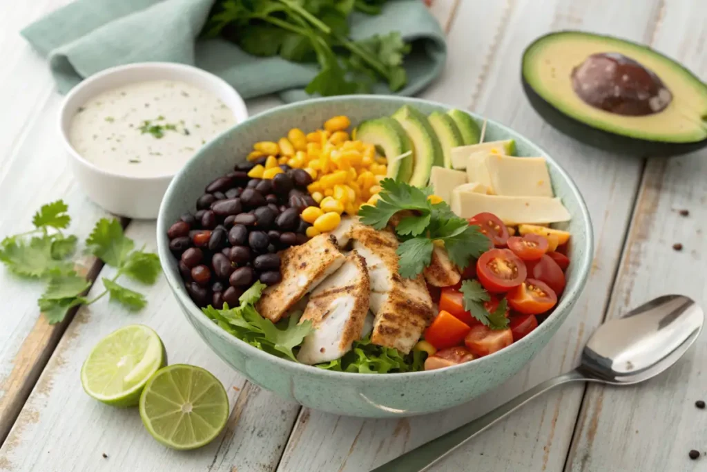 Southwest salad with beans, corn, avocado, and chicken on a rustic table