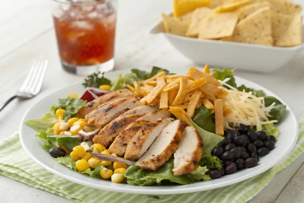 Chick-fil-A Southwest Chicken Salad on a plate with iced tea