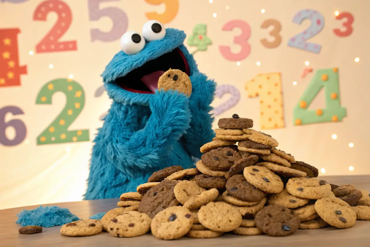 Cookie Monster surrounded by cookies