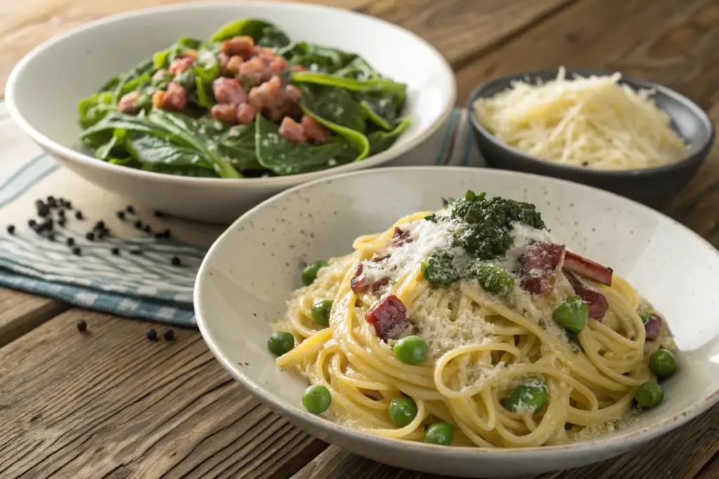 Traditional carbonara alongside a modern variation with vegetables