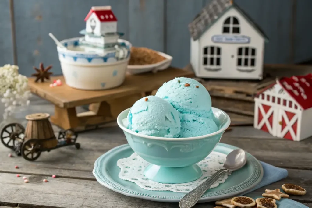 A scoop of Blue Moon Ice Cream in a vintage-style bowl with Midwest-inspired decor