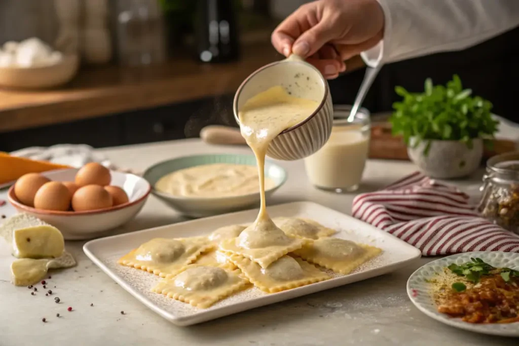 Pouring creamy carbonara sauce over cooked ravioli