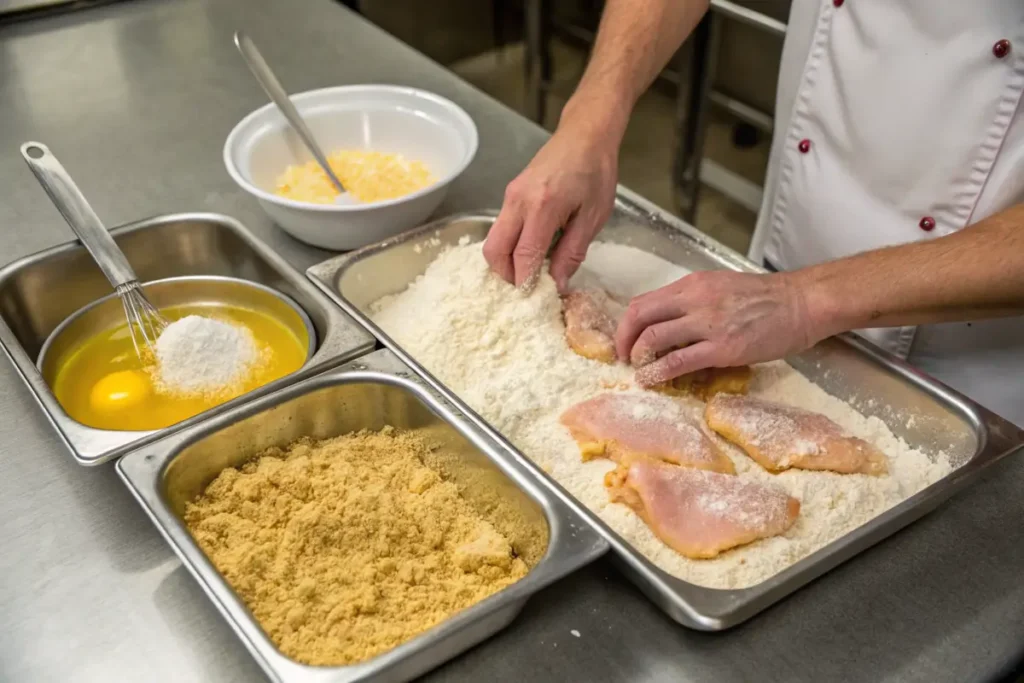 Process of breading chicken for crispy chicken fritta