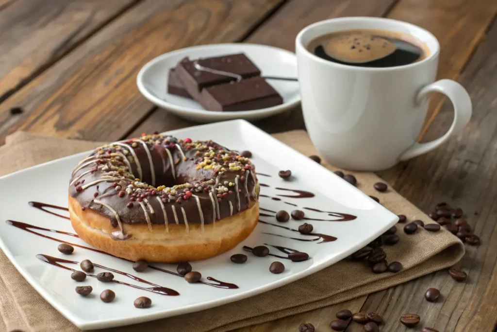 Chocolate glazed donut on a plate with a cup of coffee